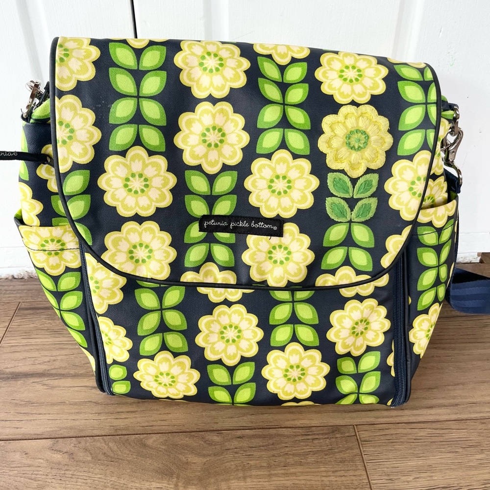 Petunia Pickle Bottom Boxy Backpack diaper bag blue green yellow